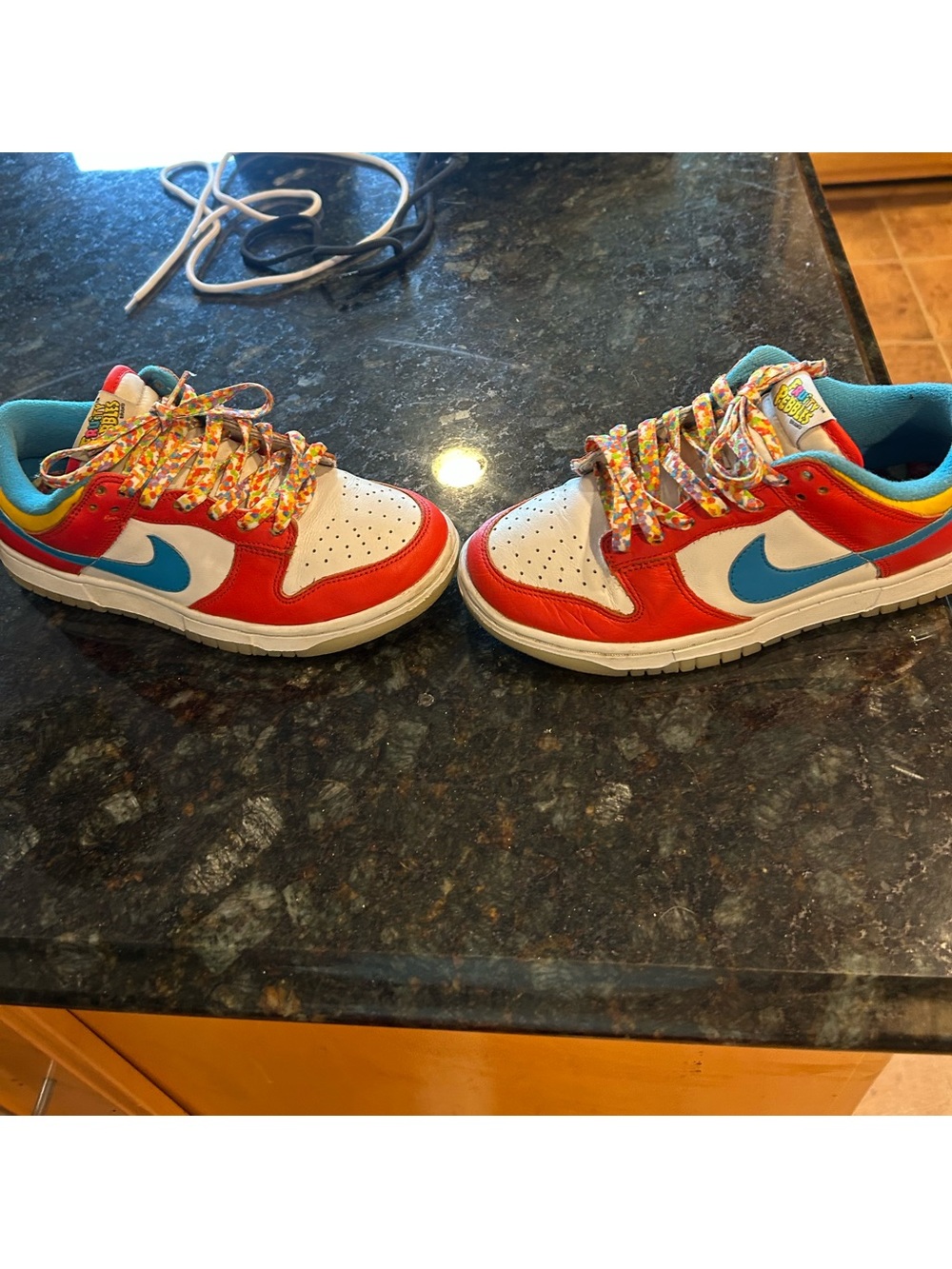 Nike Kids White & Red Sneakers with Multicolor Fruity Pebbles Laces - Picture 2 of 2